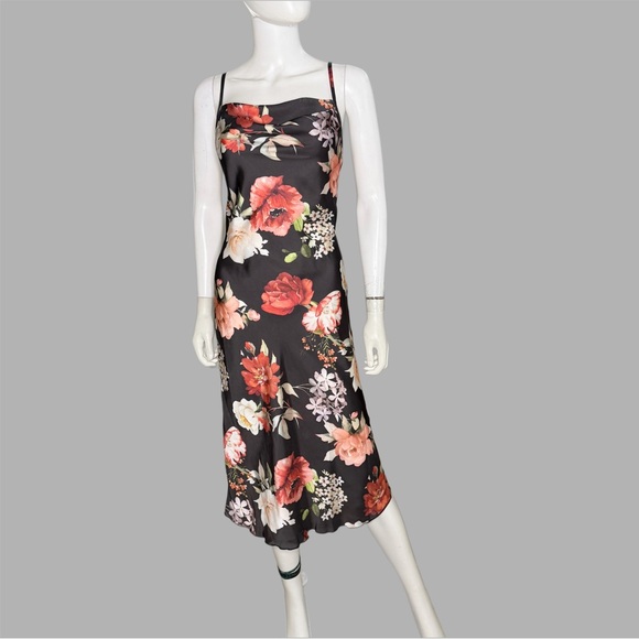 Bebe Printed Satin Bias Black and Red Floral Print Midi Dress - Picture 1 of 5
